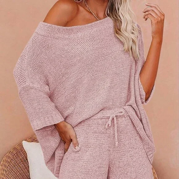 Pink Casual Women's Pure Color Asymmetric Neck Drop Sweater And Knitted Shorts - Picture 1 of 4